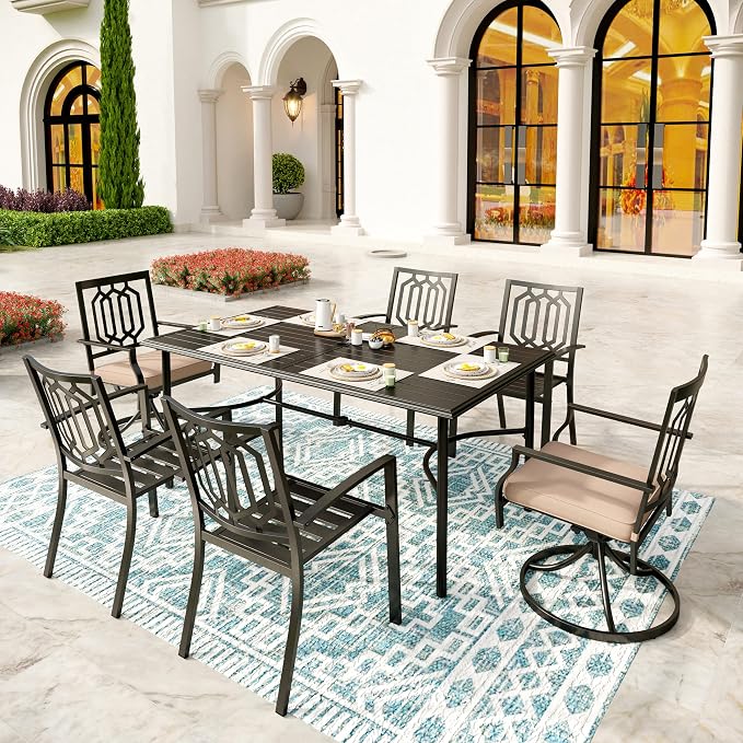 SUNSHINE VALLEY 7 Piece Patio Dining Set for 6, 67x38 Wood-Like Metal Table with Umbrella Hole and 6 Pcs Rust-Proof Stackable Chairs, Outdoor Table and Chairs Set for Backyard Garden Deck (Style 5)