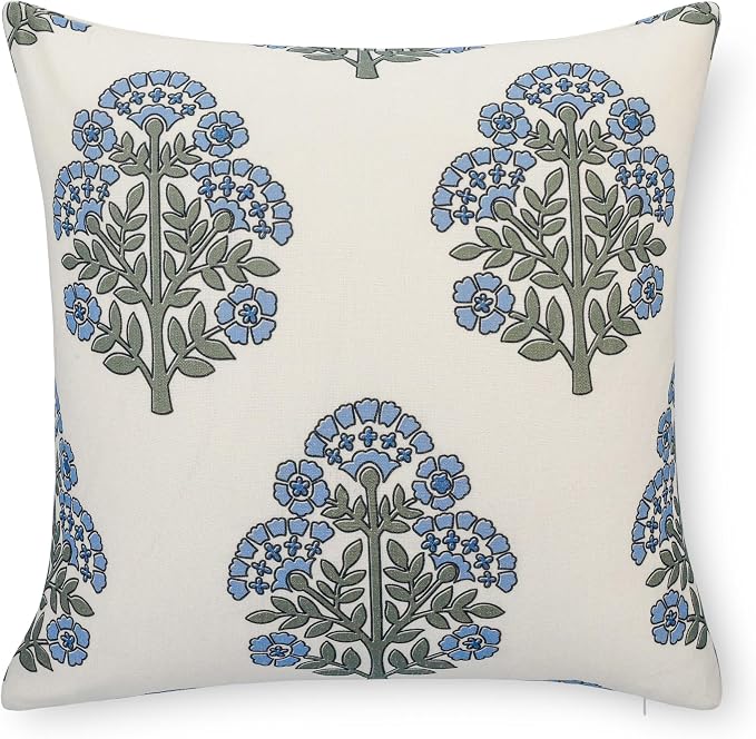 California Casual Coastal Indoor Outdoor Throw Pillow Cover, 20"x20" Water Repellent for Patio, Backyard, Couch, Poolside, Green Light Blue Block Print Hydrangea Flowers