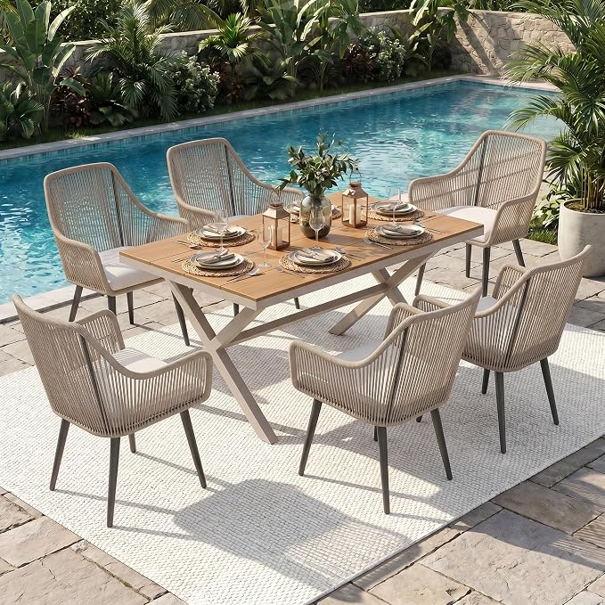 JOIVI 7 Piece Patio Dining Set for 6, All-Weather Outdoor Dining Furniture with Hand-Woven PE Rattan Chairs and Rectangular Dining Table, Outdoor Table and Chairs Set for Backyard, Porch, Tan