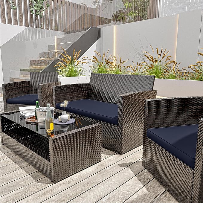 3 Pack Outdoor Patio Seat Cushions Replacement Covers Fit for 4 Pieces 4-Seater Wicker Rattan Patio Conversation Set Loveseat Chair Couch Furniture,36x18x2,18x18x2,Navy Blue-Cover Only