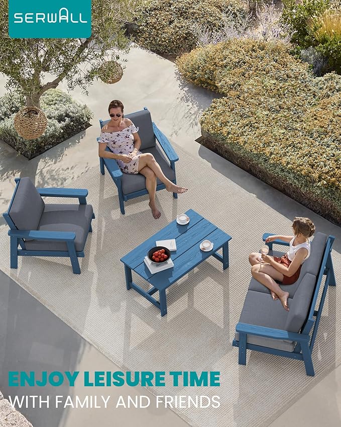SERWALL 4 Piece HDPE Outdoor Furniture Set, All Weather Wood-Like Outdoor Sofa Sectional Couch, Blue Patio Furniture Set with Grey Cushions