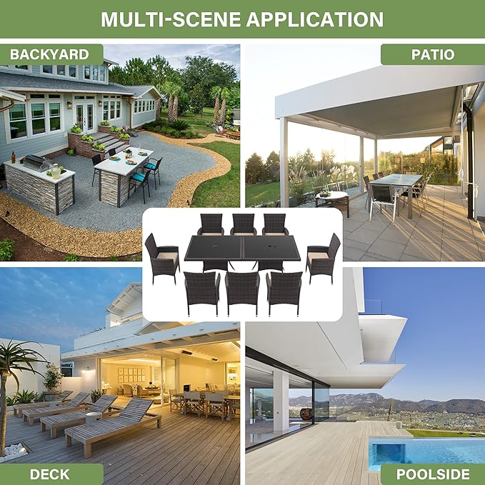 ALAULM 10 Piece Outdoor Patio Dining Set for 8 All-Weather Wicker Patio Furniture Set w/Tempered Glass Tabletop, Removable Cushions and Umbrella Hole for Patio, Backyard, Garden, Poolside (Brown)