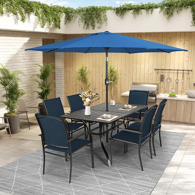 Crownland 7 Piece Patio Dining Set, Textilene Dining Sets, 6 Textilene Metal Chairs and Rectangular Outdoor Dining Table with Dark Blue 9FT Round Outdoor Umbrella (Blue)