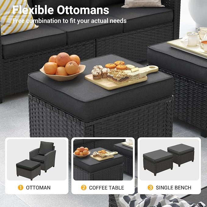 Patio Furniture Set, 6 Pcs Patio Outdoor Sectional, Wicker Outdoor Couch with Swivel Chair, Ottomans, Side Table, 4" Thick Cushion, for Garden Backyard Deck.Black