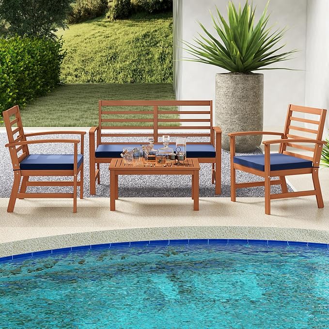 Tangkula 4 Pieces Outdoor Furniture Set, Acacia Wood Conversation Set w/Soft Seat Cushions, Stable Acacia Wood Frame, Patio Sofa & Coffee Table Set for Backyard, Porch, Poolside (Navy)