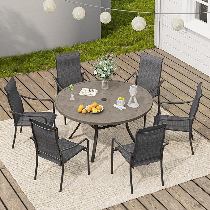 VICLLAX 47.2" Round Patio Table, Outdoor Dining Table for 6 with Umbrella Hole for Garden Lawn Deck Backyard, Antique Grey