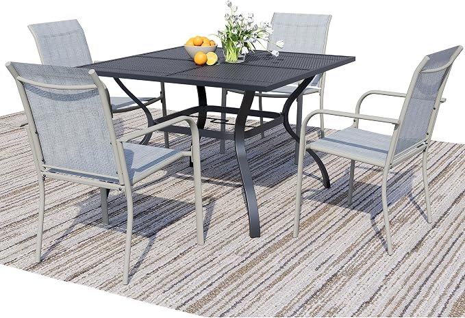 5-Piece Outdoor Dining Set, Square Metal Table with Beige Chairs, Black Patio Table with Umbrella Hole for Garden, Yard, Patio
