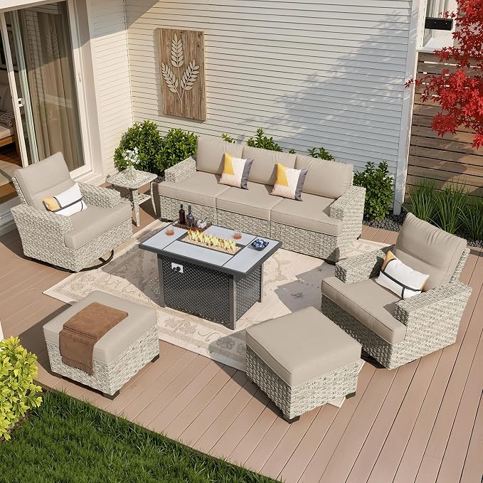 Weaxty 9 Pieces Wide Seats Outdoor Furniture Set, Sectional Couch Swivel Rocking Chair Ottoman Fire Pit Table, Thick Cushion All-Weather Rattan Patio Conversation Sets for Backyard Deck, Beige