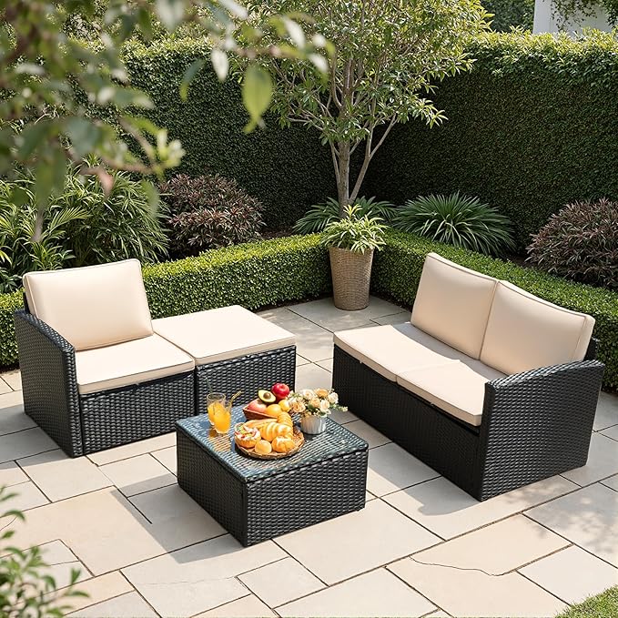 Flamaker Outdoor Patio Furniture Set Wicker Patio Sofa 3 Pieces Conversation Set Rattan sectional Sofa with Adjustable Seat for Balcony Porch Backyard