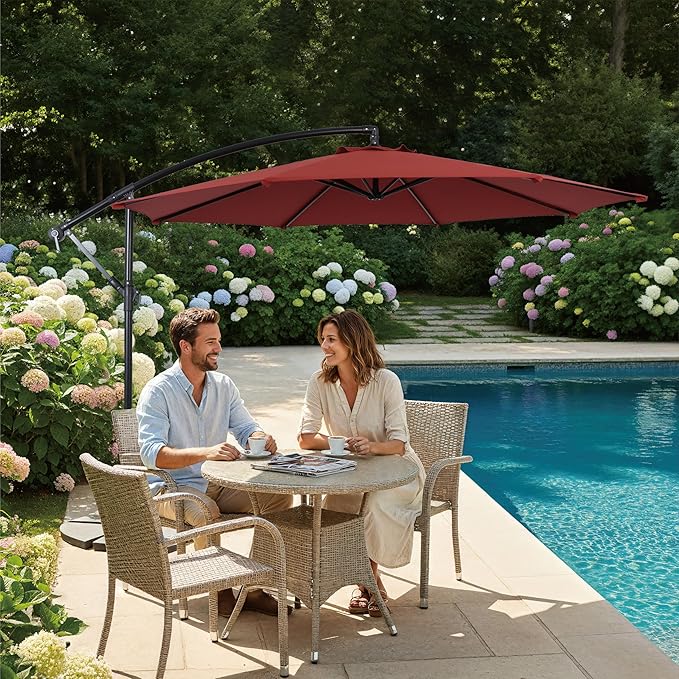 10FT Offset Patio Umbrella, Cantilever Hanging Umbrella with Infinite Tilt, Fade-Resistant Water-Repellent Canopy & Cross Base for Yard, Garden & Deck