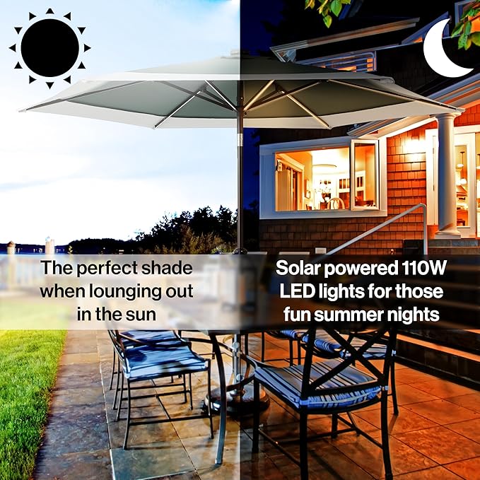 JONATHAN Y Spencer 9 ft. Solar Powered LED Patio Umbrella with Crank and Tilt, Hexagon Outdoor Market Sunshade for Garden, Deck and Pool, Green/White, Dark Brown Pole UMB1100E
