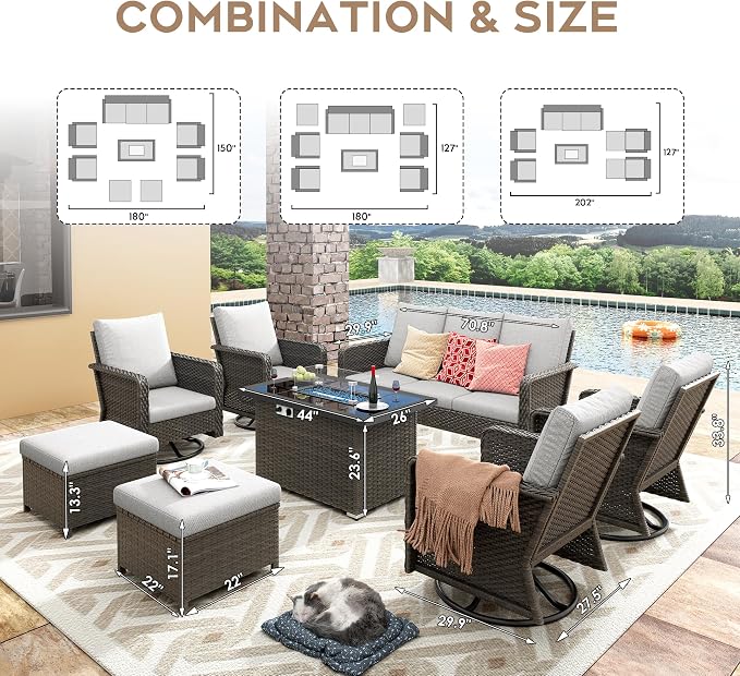 Yechen Patio Furniture Set 8 Peices with 44" Propane Gas Fire Pit Table -2 Wicker Swivel Rocking Chair, Outdoor Sectional Furniture Set with-4.3'' Cushion Conversation Sofa Set for Porch,Backyard