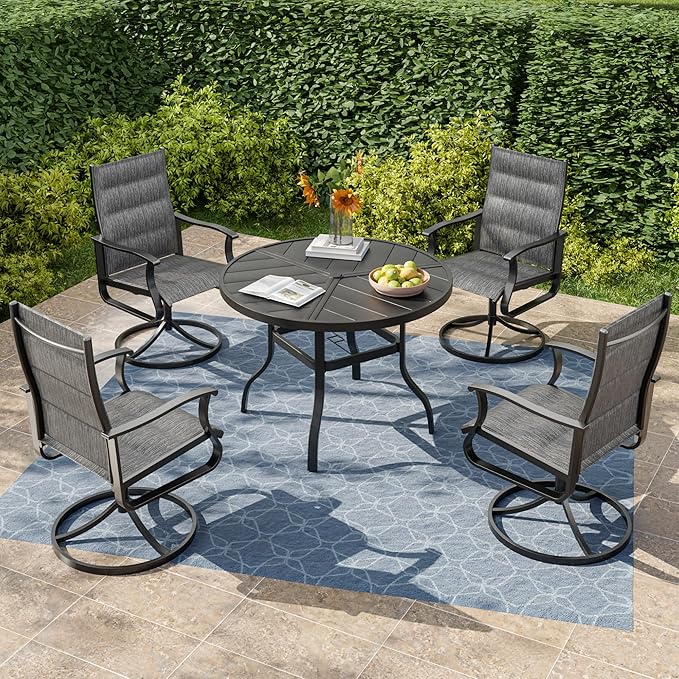UDPATIO 5 Piece Outdoor Patio Dining Set, Patio Table with Chairs, 39" Round Table with Umbrella Hole & 4 Outdoor Swivel Rocker Dining Chairs, Outdoor Table and Chairs Set for Lawn, Deck, Yard