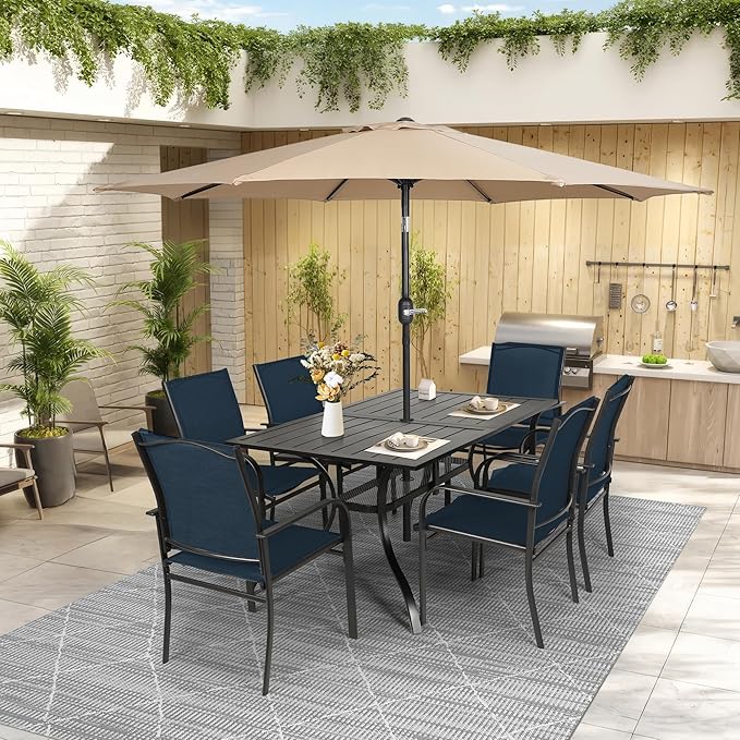 Crownland 7 Piece Patio Dining Set, Outdoor Textilene Dining Sets, 6 Textilene Metal Chairs and Rectangular Outdoor Dining Table with Khaki 9FT Round Outdoor Umbrella (Blue)