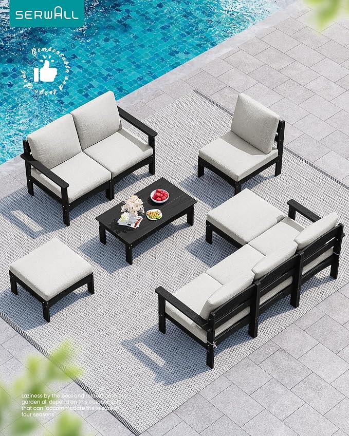 SERWALL 9 Pieces Patio Furniture Set, HDPE Outdoor Sectional Sofas, Outdoor Couch Set with Cushions and Coffee Table, Extra-Large Modular Conversation Set for Garden, Black Frame with Khaki Cushion