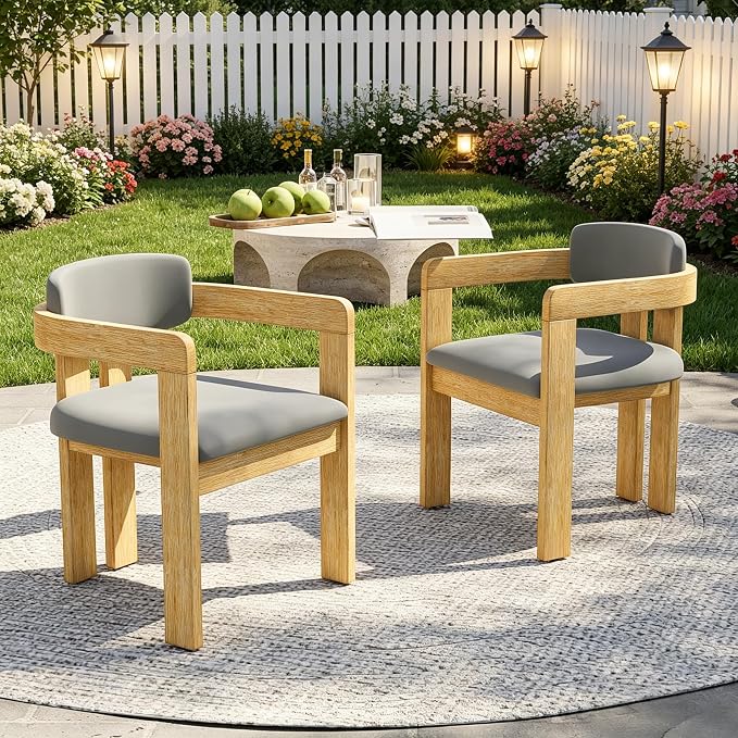 Merax Outdoor Acacia Wood Dining Chairs Set of 2, Modern Solid Wood Patio Chairs with Grey Cushions & Backrest, Outdoor Armchairs Seating Furntiure for Patio Garden Balcony Backyard