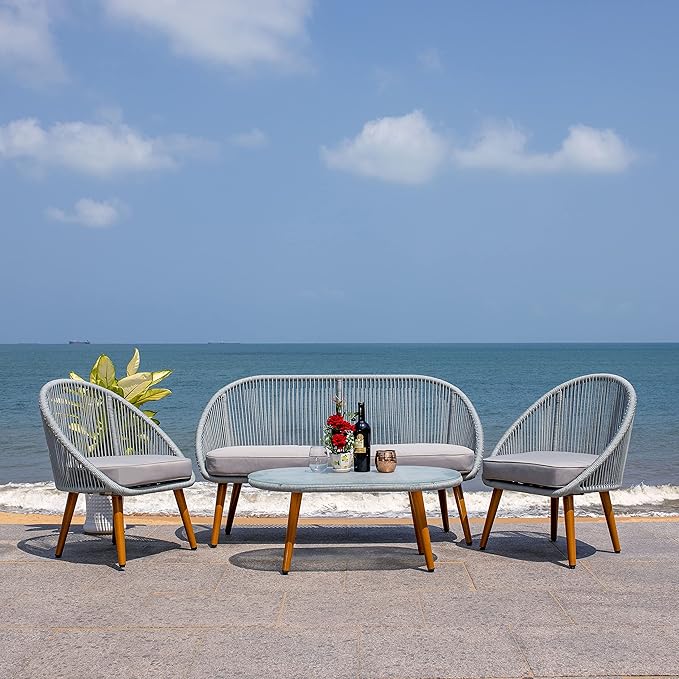 SAFAVIEH Outdoor Collection Halcott Grey Rope/Grey Cushion 4-Piece Conversation Patio Set