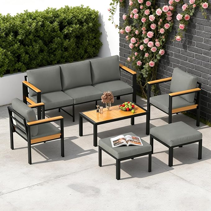 HOMREST Aluminum Patio Furniture Set with Coffee Table, 7 Seat Oversized Outdoor Sectional with Washable Thick Cushions, Patio Conversation Set with Special Wide Armrest and Deep Seat, Gray