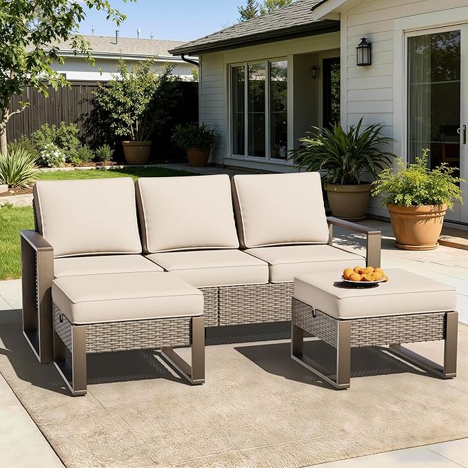 Wicker Patio 75" Sofa Set with Two Ottomans, All Weather Rattan Outdoor Conversation Furniture Set with Wood-Looking Metal Armrest for Deck Backyard Porch, Beige