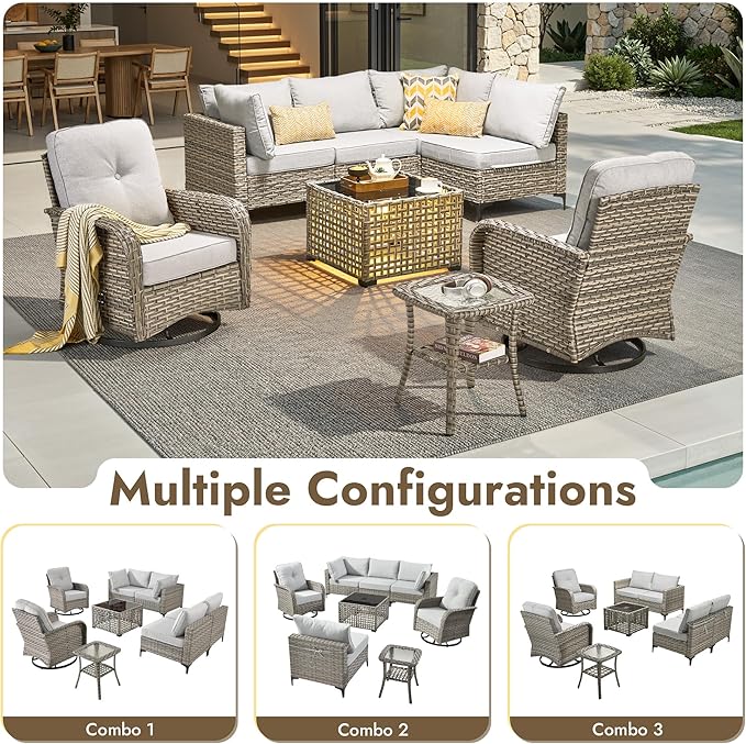 8 Pieces Outdoor Sectional Patio Furniture Set with Swivel Rocking Chairs,Conversation Sets Rattan Wicker L Shaped Couch,Modular Outdoor Sofa for Porch Balcony Backyard Grey