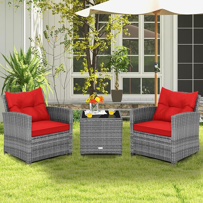 Patio Furniture Set, 3 Pcs Outdoor Wicker Conversation Set with Glass Coffee Table, Patio Chairs w/Washable Cushions, PE Rattan Outdoor Furniture Set for Porch Garden Backyard (Red)