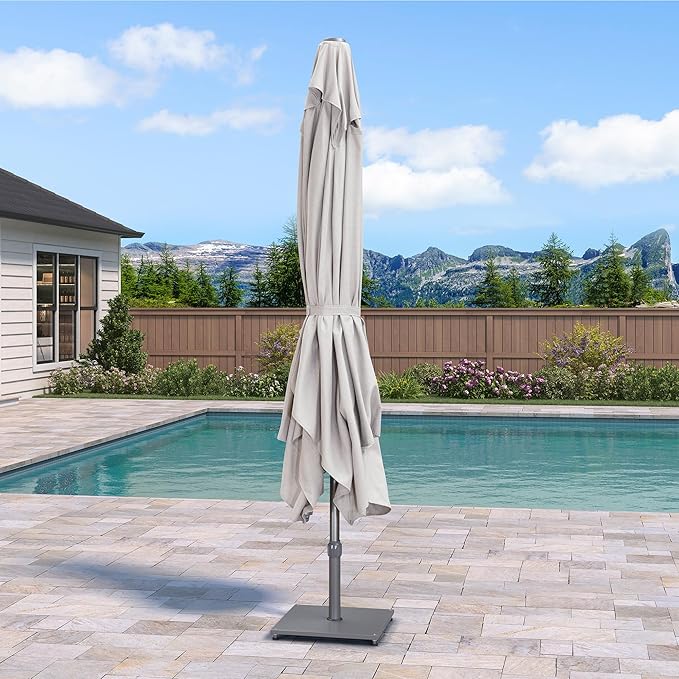 PURPLE LEAF 9 X 12 FT Semi-Auto Outdoor Patio Umbrella Market Table Sun Umbrellas with 8 Aluminum Sturdy Ribs for Backyard Deck Garden Pool (Gray Pole Beige Canopy)