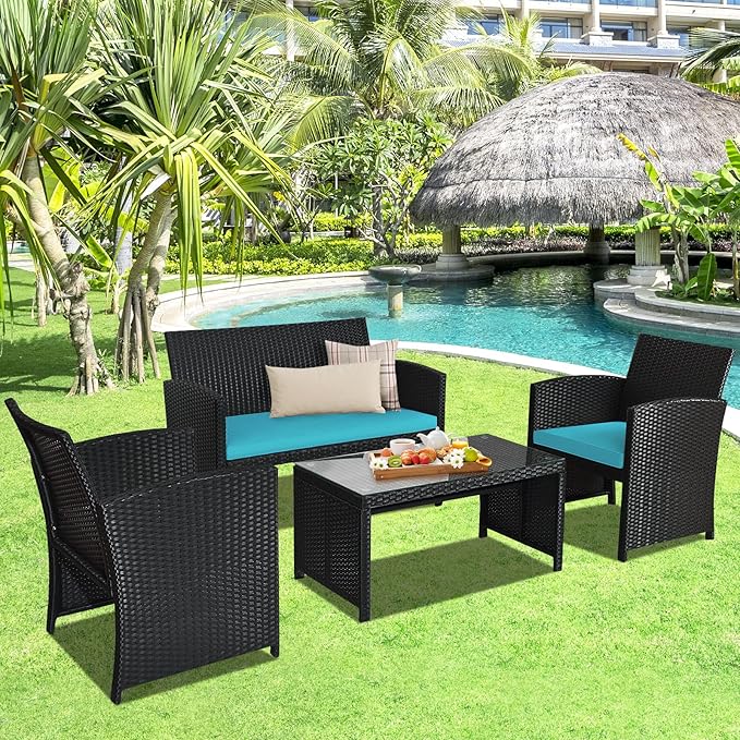 DORTALA 8 Pieces Patio Wicker Conversation Furniture Set, Outdoor Rattan Sofas with Bistro Sets with Coffee Table for Courtyard Balcony Wicker Chairs with Soft Cushion and Table, Turquoise