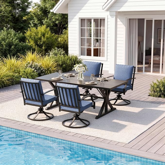 5 Pieces Patio Dining Set Outdoor Conversation Set,Metal Outdoor Furniture Set with Umbrella Hole Cut-Out 78.7" x 35.4" Table and 4 Metal Backrest Swivel Chairs for Backyard,Garden,NavyBlue