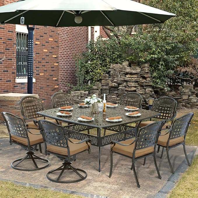 SOCIALCOMF 9-Piece Patio Cast Aluminum Dining Set, Outdoor Table and Chairs Set for 8, Includes 64" Large Square Dining Table, 6 Stationary, 2 Swivel Dining Chairs with Umbrella Hole, Tan