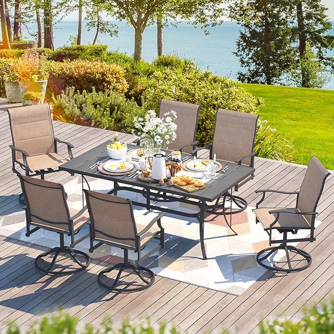 BUPPLEE Outdoor Patio Dining Set with 6 Swivel Chairs, Metal Table with Umbrella Hole, 7-Piece Patio Table and Chairs for Backyard, Poolside, Balcony and Garden (Brown)