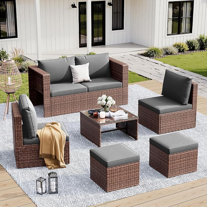 Amopatio Patio Furniture Set,All-Weather Wicker Outdoor Conversation Set with Glass Coffee Table, Cushions & Ottomans for Deck Backyard Porch Lawn Brown/Grey