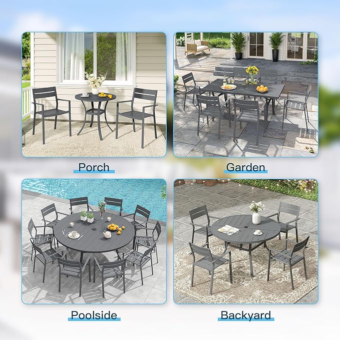 VICLLAX Patio 7 Pieces Outdoor Dining Set, Wrought Iron Metal Outdoor Table and Chairs Set, 47" Round Table with Umbrella Hole and 6 Stackable Chairs for Lawn, Garden, Porch, Dark Grey/Grey