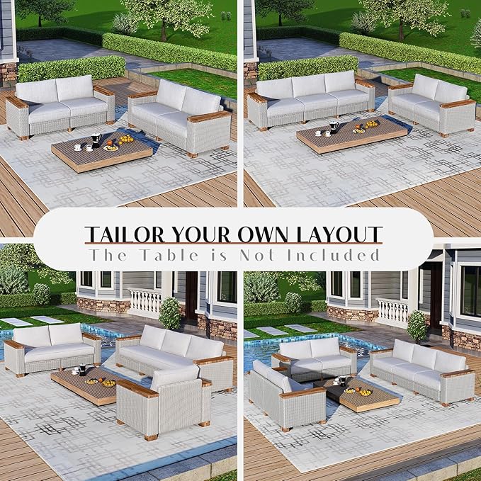 7-Piece Outdoor Patio Sofa Set, PE Wicker Furniture with 5.9" Solid Wood Armrest, Deep Seating Sectional Conversation Set with Cushions for Backyard, Deck, Porch, Poolside, Garden