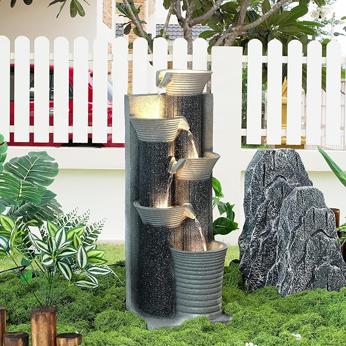 Grepatio Garden Water Fountain, 5 Tier Outdoor Cascading Waterfalls Fountains with LED Lights and Pump Indoor Modern 24" H Floor Standing Water Fountain for Garden, Patio, House Decor (Greyish Black)