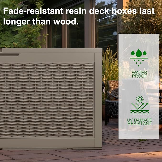 PatioZen 120 Gallon Deck Box Outdoor, Weatherproof Resin Patio Storage Box, Waterproof Outdoor Storage Boxes with Lid Lockable for Cushions, Garden Tools,Grey