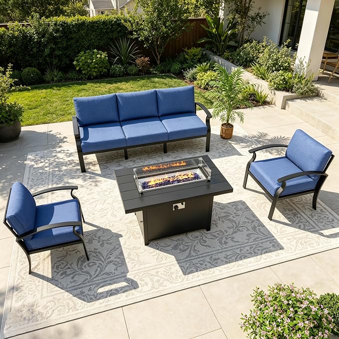 Aluminum Outdoor Patio Furniture Set,4 Pieces 5 Seats Patio Conversation Sets with 45" Propane Fire Pit Table,Metal Patio Sectional Furniture Set with Thick Cushion,Navy Blue
