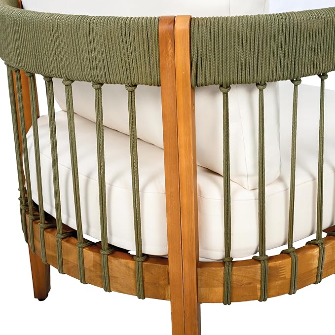 Christopher Knight Home Nadine 3 Pieces Patio Conversation Set, Handwoven Rope Accent Chairs, Acacia Wood Side Table, Tub Shaped Club Chairs, Round Side Table and Chair Set for Yard, Green+Beige