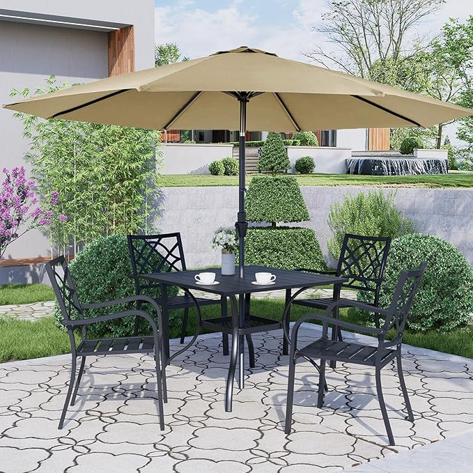 Crownland 5 Piece Outdoor Dining Set, Patio Metal Dining Sets, 4 Stackable Metal Chairs and Square Outdoor Dining Table with Khaki 9FT Round Outdoor Umbrella, for Backyard, Garden (Classic Black)
