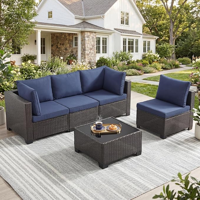 ANJ 5 Piece Outdoor Wicker Patio Furniture Set, Modular Loveseat Sofa with with Glass Top Coffee Table, All-Weather Rattan Conversation Couch Set for Balcony, Backyard, Dark Brown Wicker-Blue