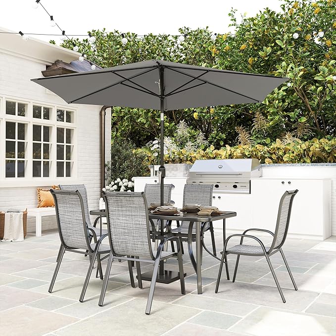 Outsunny 8 Pieces Patio Table and Chairs Set with 9 Ft Patio Umbrella, Outdoor Dining Set with 4.6 Ft Dining Table and 6 Chairs, Push Button Tilt and Crank Parasol, Tempered Glass Top, Mixed Gray