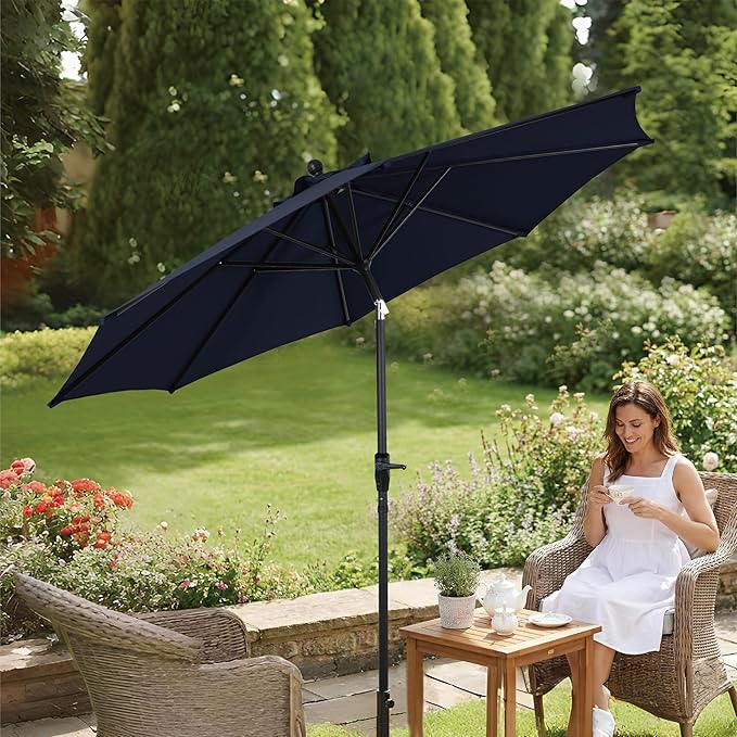 9FT Outdoor Patio Umbrella with Crank Lift & Auto Tilt - Market Umbrella, 8 Heavy-Duty Ribs, UV Resistant & Water-Repellent for Garden, Deck, Poolside & Backyard