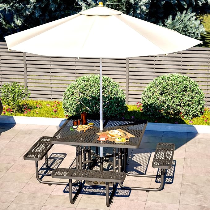 46" Iron Mesh Picnic Table with 1.73" Umbrella Hole Black | Rust & Heat-Resistant Square Outdoor Dining Table for Patio, Park, Backyard – All-Season Use, Safe Rounded Corners