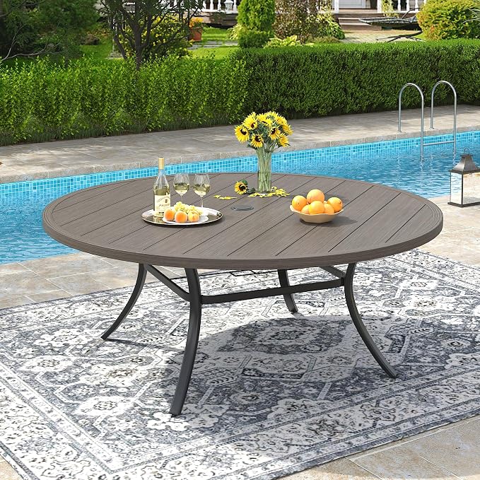 VICLLAX 60" Outdoor Round Patio Dining Table for 8-10, All Weather Metal Dining Table with Umbrella Hole for Deck Lawn Garden Backyard, Grey