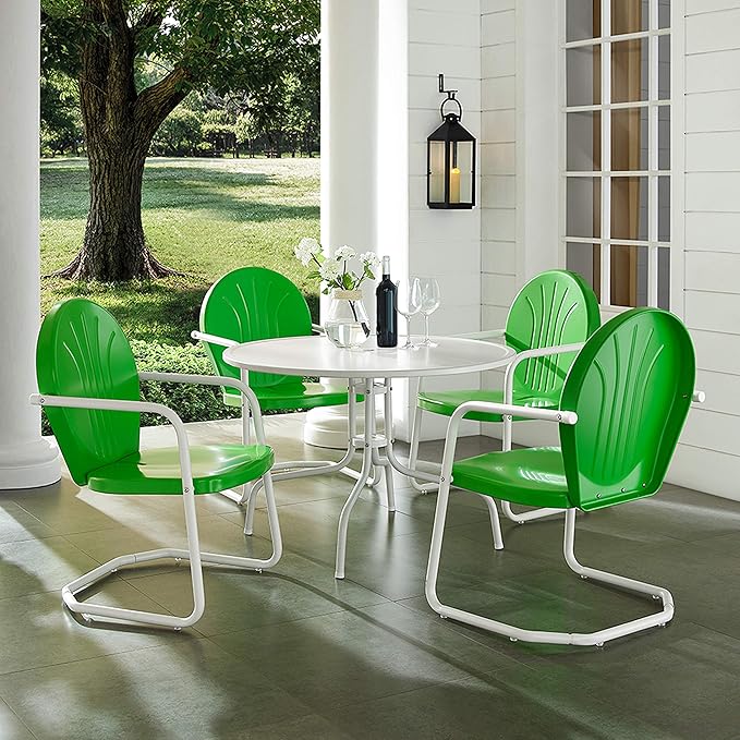 Crosley Furniture Griffith 5-Piece Outdoor Dining Set for 4, Retro Metal Round Patio Table and Chairs, Grasshopper Green