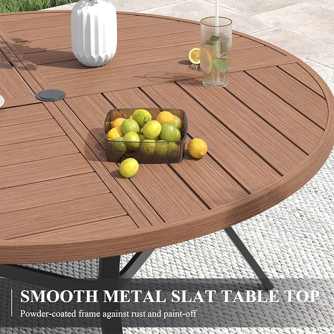 VICLLAX 60" Round Patio Table with Umbrella Hole, All Weather Metal Outdoor Dining Table for 8, Outside Table for Lawn Garden, Walnut Wood-Grain Finish