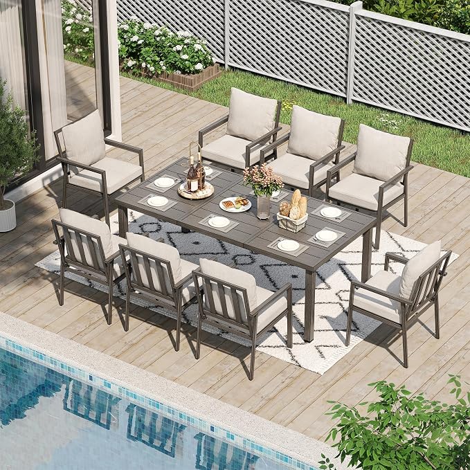 HAPPATIO Outdoor Dining Table for 8, Large 80.3" Rectangular Aluminum Patio Tabletop with Umbrella Hole, Rustproof Aluminum Frame for Poolside Lawn Garden