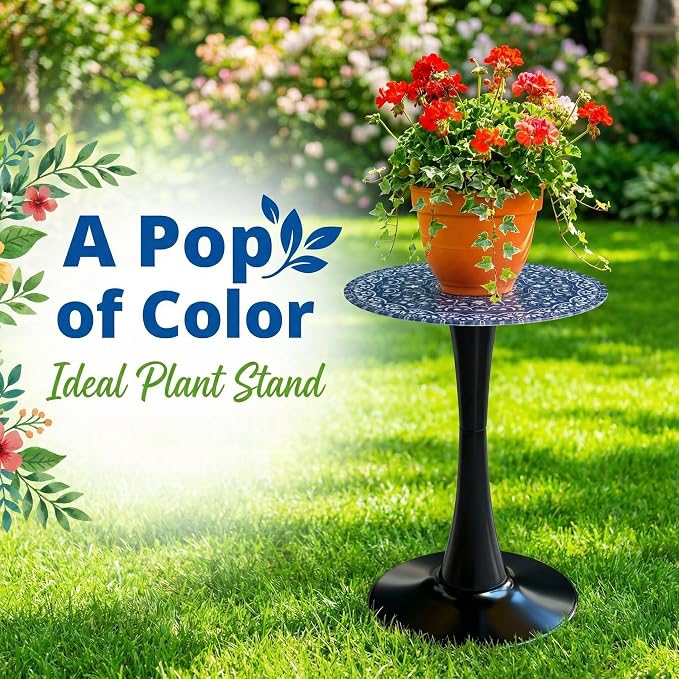 Gesodant 13.4" Outdoor Side Table, Round Patio Bistro Table with Boho Tempered Glass Top, Waterproof Rust-Proof Base, Small Plant Stand for Balcony, Garden, Deck, 21.6" H (Blue Maze)