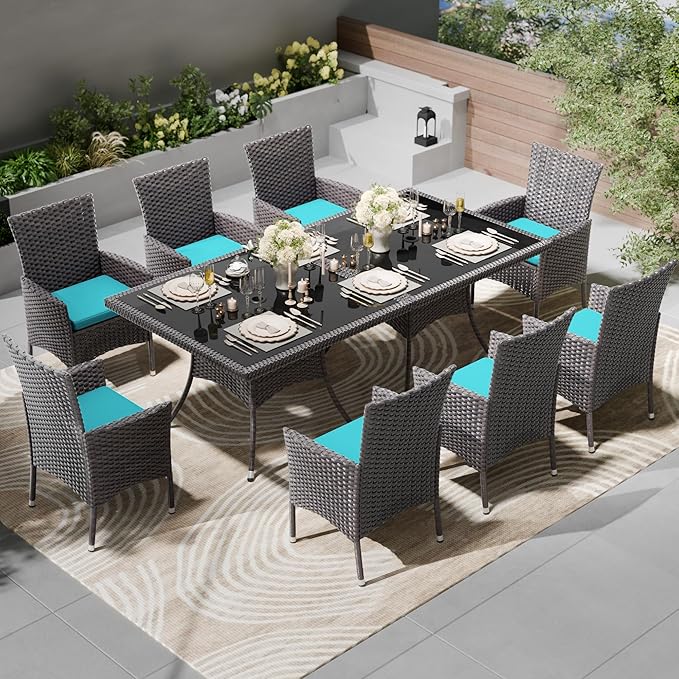 Kullavik 10 Pieces Outdoor Dining Set Patio Rattan Furniture Set,Patio Dining Table and Chairs Set with 8 Chairs and Cushions,Square Glass Tabletop with Umbrella Hole for Patio,Backyard,Blue