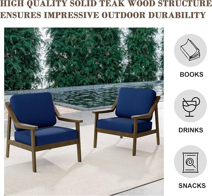 Outdoor Patio Furniture Set, 2 Piece Outdoor Patio Sofa Armchairs with Washable Thick Cushions, All-Weather Solid Wood Patio Bistro Set for Porch, Balcony, Natural Frame & Navy Cushion