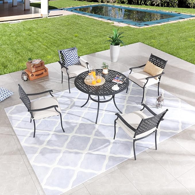 LOKATSE HOME 5 Piece Outdoor Patio Metal Dining Set with 4 Outdoor Iron Arm Dining Chairs with Seat Cushions and 1 Outdoor Dining Table with Umbrella Hole-White